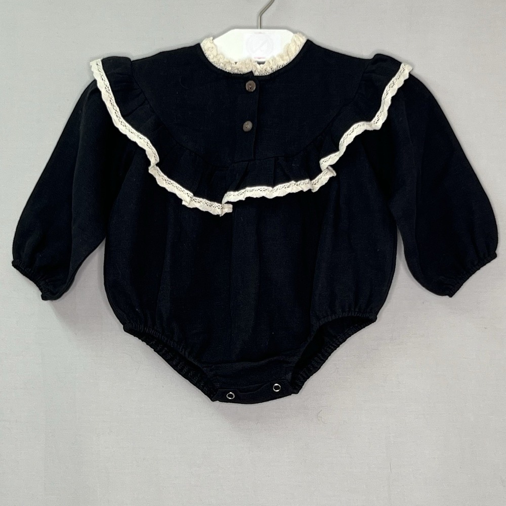 Jenny Vely Black Baby Romper With‎ Lace Trim Sz 12M Le Coeur De Maman